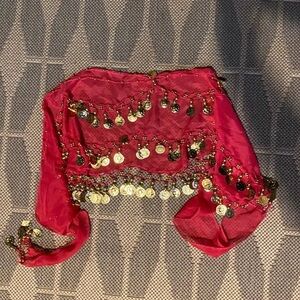 Red Belly Dance Hip Scarf with Gold Coins